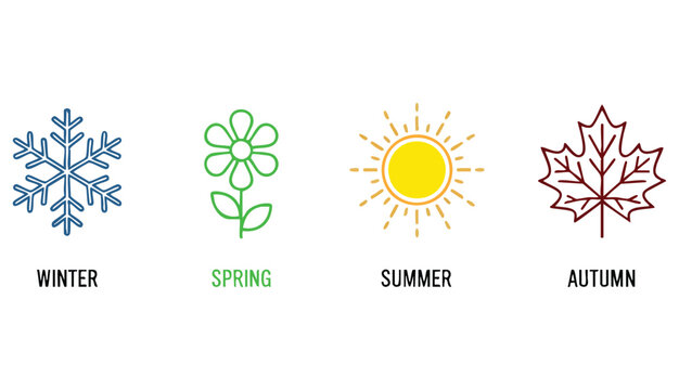 Four seasons icon set. 4 Vector graphic element illustrations representing winter, spring, summer, autumn. Snowflake, flower, sun and maple leaf