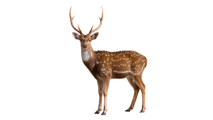 Obraz premium Spotted male deer with antlers standing on white surface