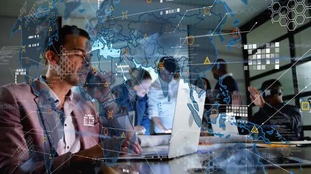 Lead speaking phone and typing laptop, projector starting biz data overlay over team for planning