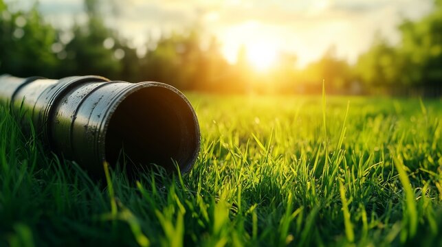 Sunset over green grass with abandoned pipe nature scene outdoor landscape serene environment close-up view tranquil concept for relaxation