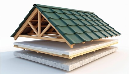 Naklejka premium Exploded view of a green roof construction showing wood frame insulation and concrete base layers. Building materials are visible in cross section for home structure.