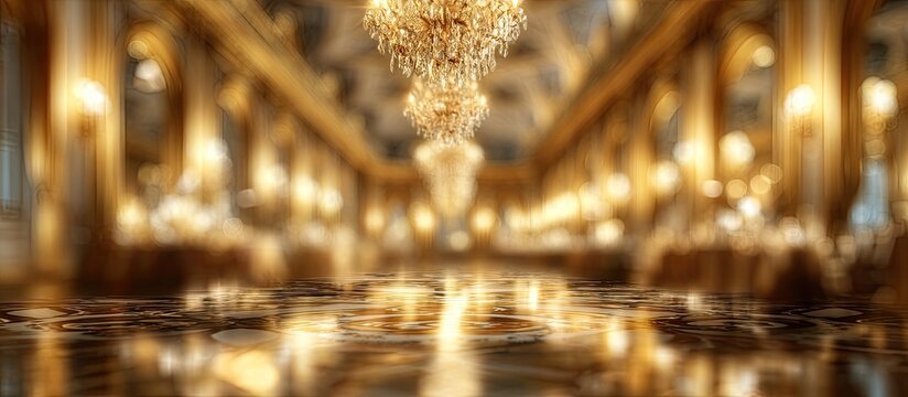 Luxurious ballroom with sparkling chandeliers, golden light, and reflective marble floor
