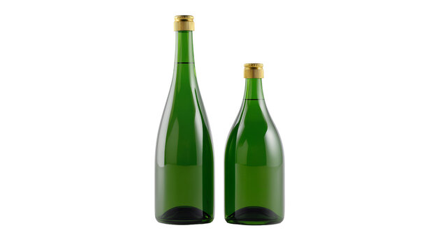 Green glass bottles with gold foil caps side by side