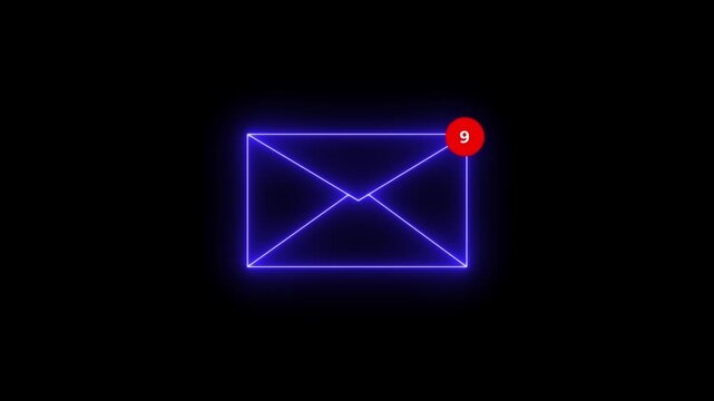 Glowing neon envelope with a red notification dot on a black background