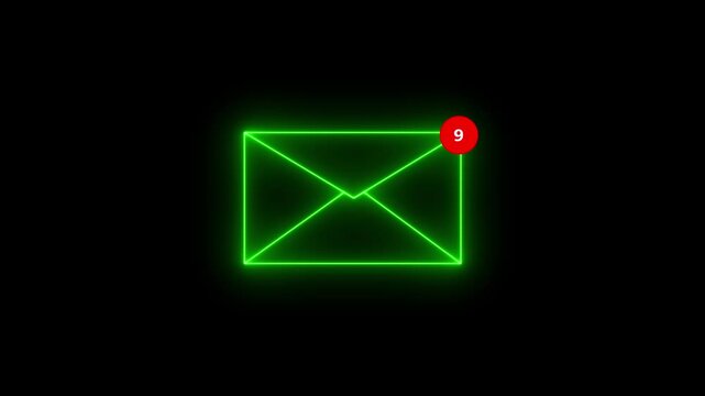 A glowing green envelope with a red notification dot on black background