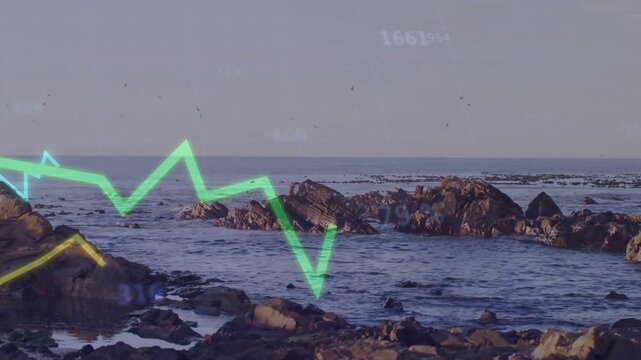 Rocky seascape with sequence starting neon graphs animating across sky showing numeric readouts