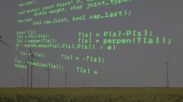 HTTP request initiating green code overlay for tech demo, scrolling across wind turbines and fields