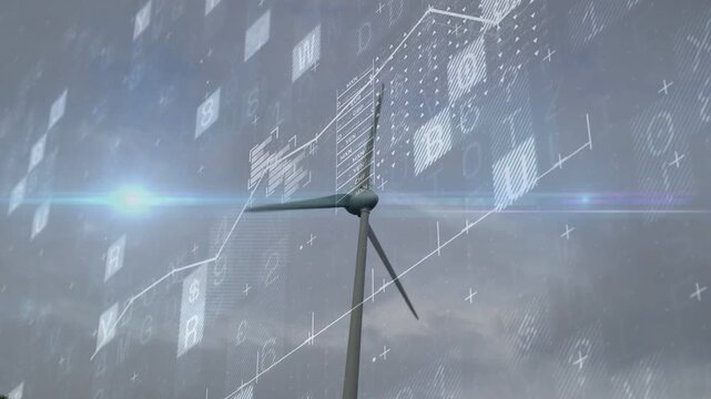 Spinning utility-scale wind turbine rotating against overcast sky at open site, with data overlays