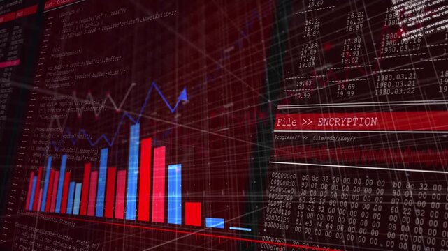 Camera sweeping rightward, tech dashboard animating bars and lines, monitoring encryption status