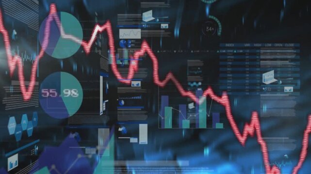 Tracing glowing red line chart oscillating across dark blue dashboard, showing numeric labels