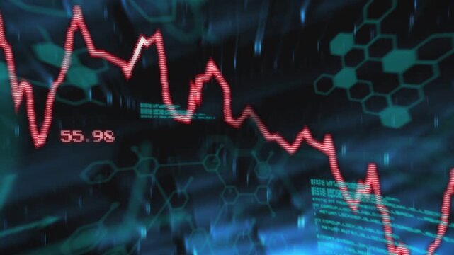 Showing red line chart sliding across data HUD, with numbers, green code, teal hex, motion blur