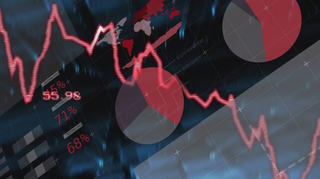 Incoming market data driving red jagged line chart rising and dipping as map lighting regions