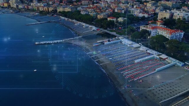 Aerial camera starting panning down and right over bay revealing pier beds HUD overlay, copy space