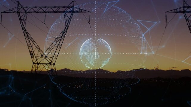 Hologram globe forming from dots, rotating core pulsing spiral scanning above ridge, pylons framing
