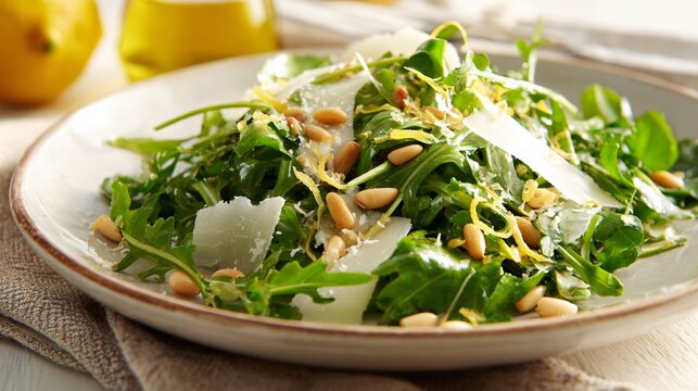A fresh arugula and shaved parmesan salad topped with toasted pine nuts and lemon zest, arranged on a wide porcelain plate under airy March sunlight