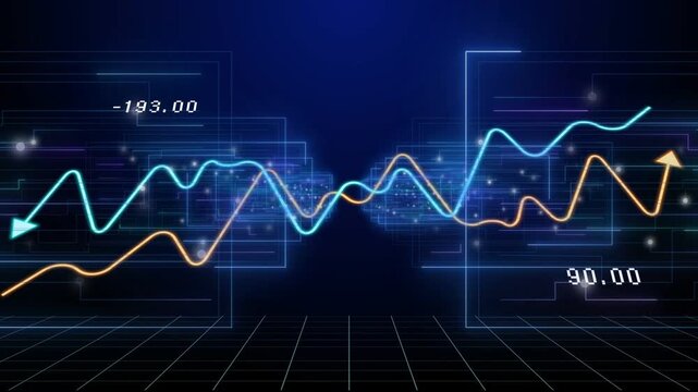 Numeric labels updating, neon waves emerging, crossing, splitting, showing data on tech dashboard