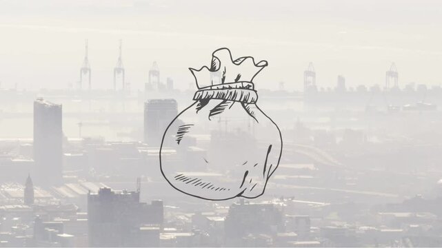 Small curved ink mark extending into Euro money bag filling tan collapsing over skyline for finance