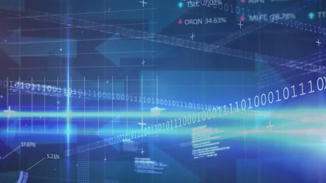 Central blue scan band sweeping rightward, initiating binary ribbon, revealing finance charts