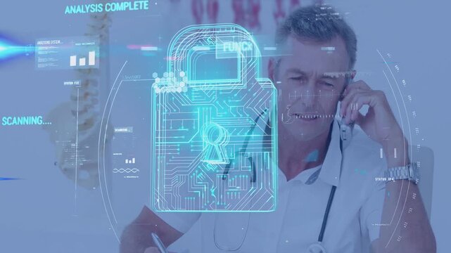 Doctor writing at clinic desk starting hologram padlock scan, updating to functioning while calling