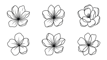 Obraz premium Six monochrome line-art drawings of a frangipani flower in varied poses, a vector illustration set for botanical art and design projects.