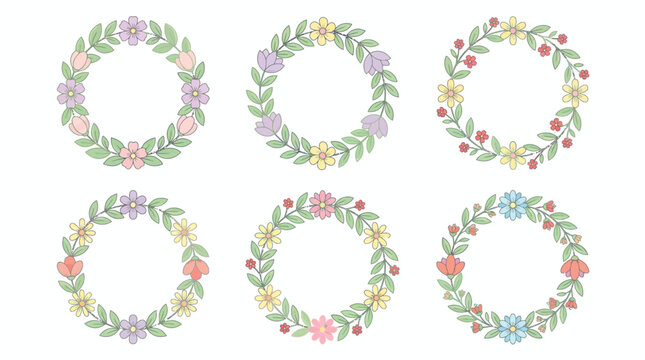 Six pastel watercolor floral wreaths in a 3x2 grid, decorative circular frames with soft leaves and blossoms in pink, purple, blue, and yellow