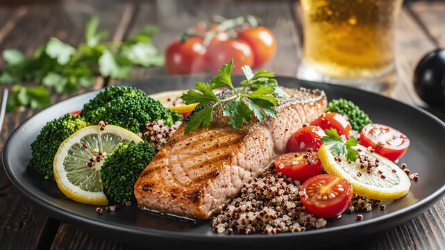 Grilled salmon with vegetables and quinoa for healthcare marketing, medical presentations, and commercial use