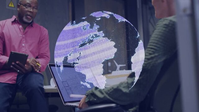 Design team meeting, globe appearing and morphing as woman scrolling laptop, man pointing pencil