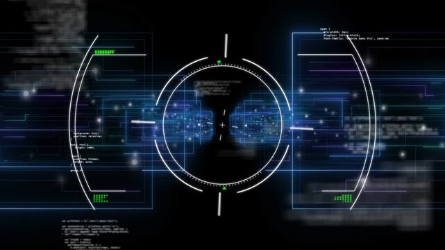 Rotating central HUD reticle displaying pulsing green arc and active code panels in black void