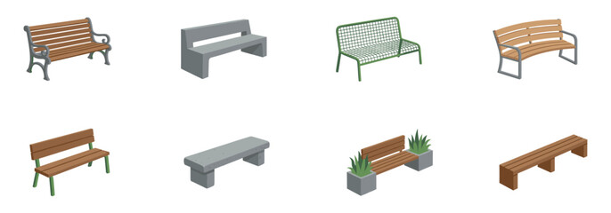 Fototapeta premium Outdoor Park Bench and Public Furniture Vector Icon Set. Vector Illustration. 