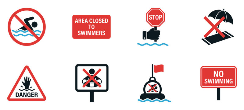 Water Safety and Beach Warning Prohibition Sign Vector Set. Vector Illustration.	
