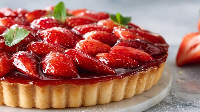 A fresh strawberry tart with crisp pastry and glossy fruit topping in bright spring daylight