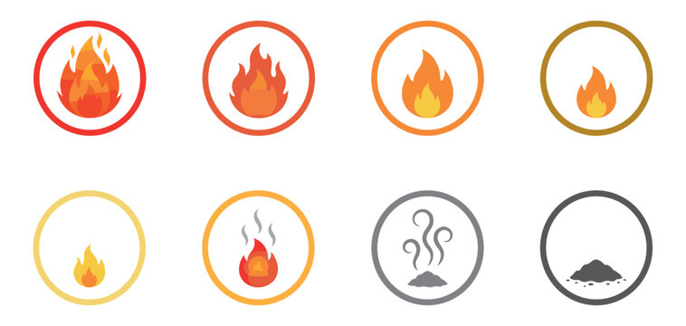 Evolution of fire icons set from burning flame to smoke and ash. Vector Illustration.	

