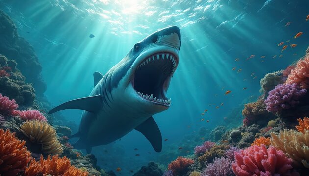 Giant prehistoric Megalodon swims in deep ocean with open mouth. Colorful coral reef teeming with small fish surrounds large predator. Sunlight rays penetrate blue water surface.