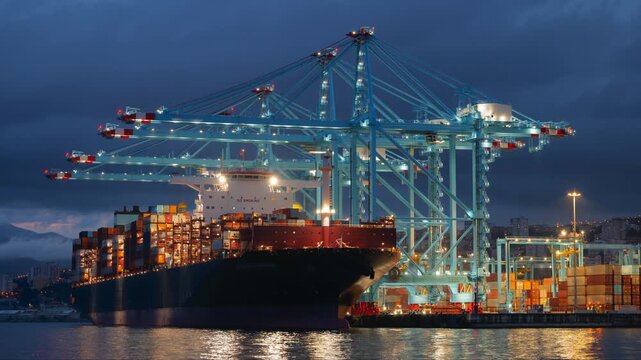 Timelapse of giant cranes offloading containers onto trucks from a Suezmax cargo ship at a busy port during twilight