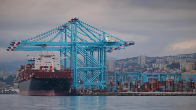 Timelapse of a large Suezmax container ship undergoes cargo loading and unloading at a busy international port terminal with trucks and cranes in motion blur on an overcast day