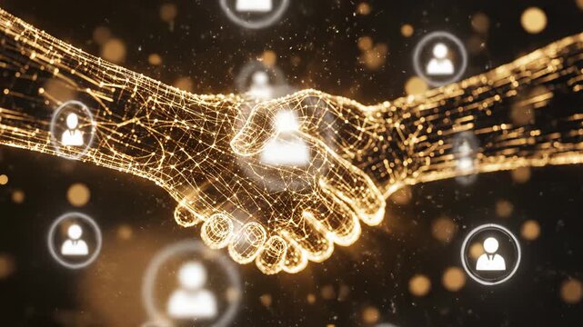 Digital handshake with network icons for commercial backgrounds, digital design, and advertising