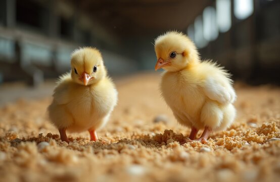 Two fluffy yellow chicks stand on wood shavings in a clean poultry house. These newborn birds are about three days old and live in a cage free environment.