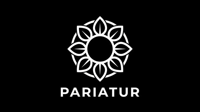 White circular sun emblem composed of geometric petals on a pure black background, with the word PARIATUR beneath it, modern minimalist logo design.
