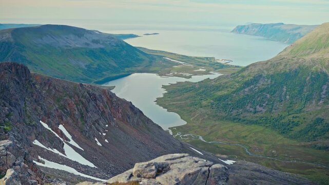Middagsfjellet, Sandland, Nordkapp, Finnmark, Norway - The Breathtaking View From the Mountain Shows a Lush Valley Stretching Towards the Coast - Wide Shot