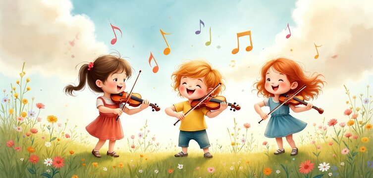 Three happy kids play violins in a flower field under cloudy sky. Musical notes float around them. Children enjoy outdoor music lesson, learning violin.