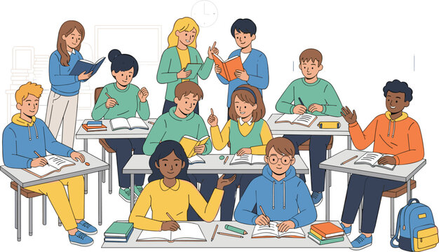 Group of Diverse Students Studying Together in Classroom with Books, Notebooks, and Backpacks, Perfect for Education, Teamwork, and Classroom Illustrations