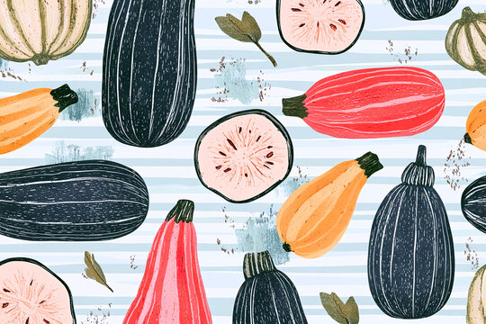 zucchini and summer squash pattern with green and yellow vegetables and small leaves on soft striped background modern botanical food illustration with fresh farm style perfect for kitchen textile pac