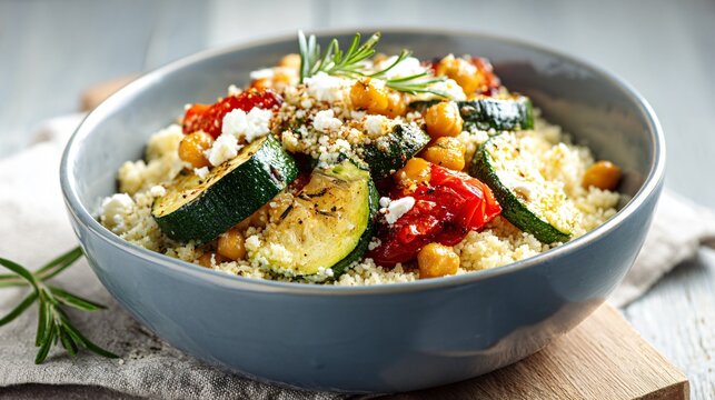 A spring vegetable couscous bowl with roasted zucchini and chickpeas under bright natural light