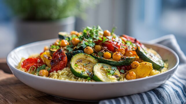 A spring vegetable couscous bowl with roasted zucchini and chickpeas under bright natural light
