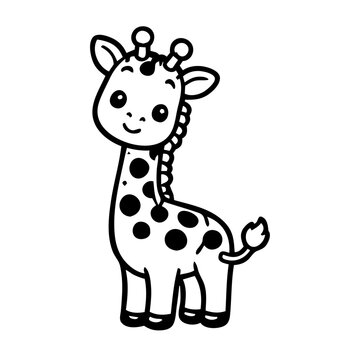 Cute baby giraffe cartoon black and white outline vector illustration