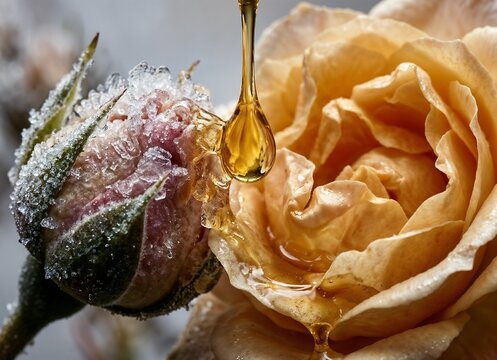 Golden honey dripping onto frosted rose and open rose, illustration for Shakespeare's sonnets