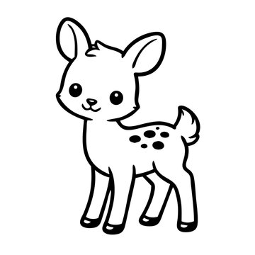 Cute baby deer fawn cartoon black and white outline vector illustration