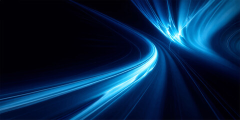 Abstract blue background with glowing digital lines and wave patterns creates a sense of motion and energy through dark space with light rays and a laser texture design © Julya