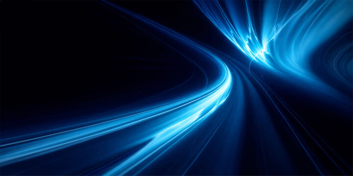 Abstract blue background with glowing digital lines and wave patterns creates a sense of motion and energy through dark space with light rays and a laser texture design