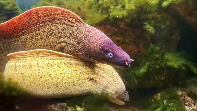 Mediterranean moray eels Muraena helena from family Muraenidae order Anguilliformes class Actinopterygii resting in rocky habitat showing predatory behavior in marine ecosystem, close up shot